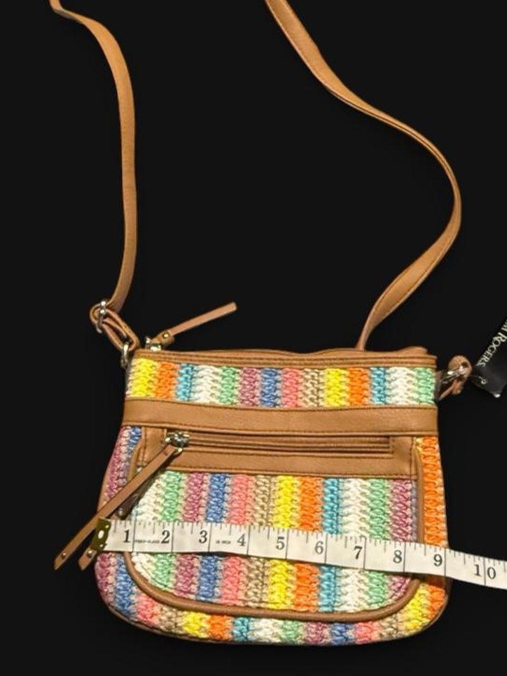 NWT Kim Rogers Multicolor Striped Woven Crossbody with Tan Trim